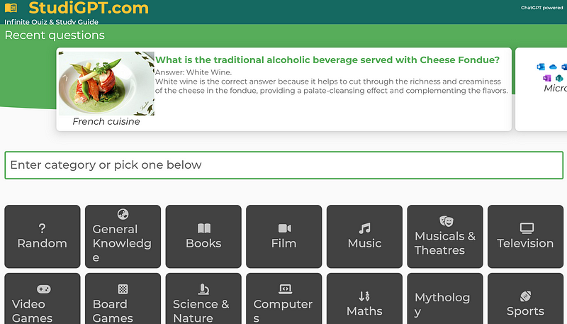 Quiz application interface showcasing categories