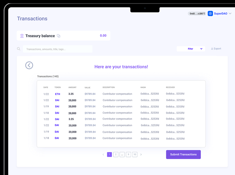 Screenshot of a Web3 financial management product