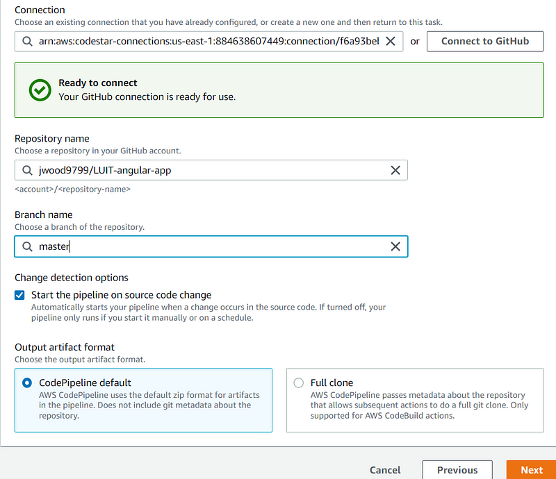 Choosing repository and branch for the CI/CD pipeline