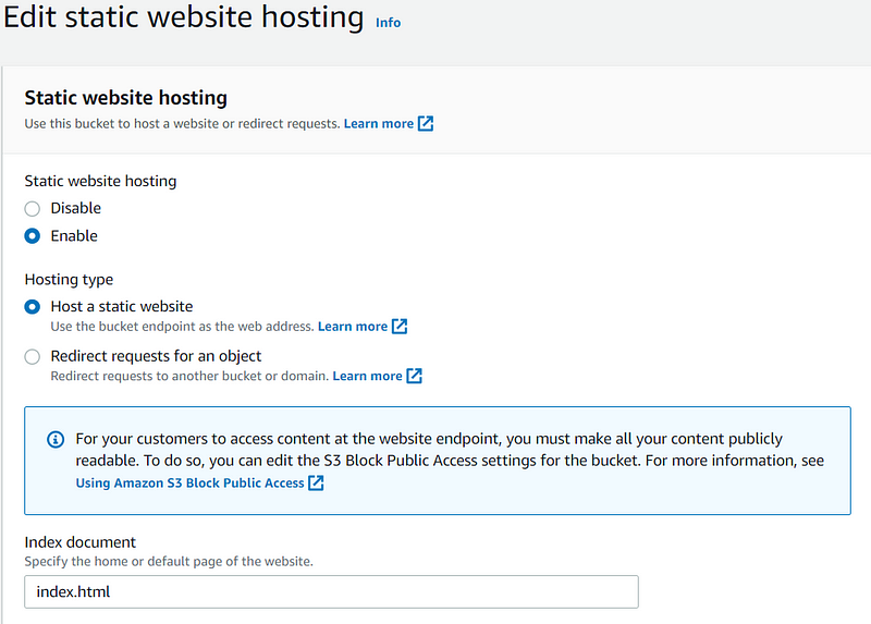 Enabling static website hosting in the S3 bucket properties