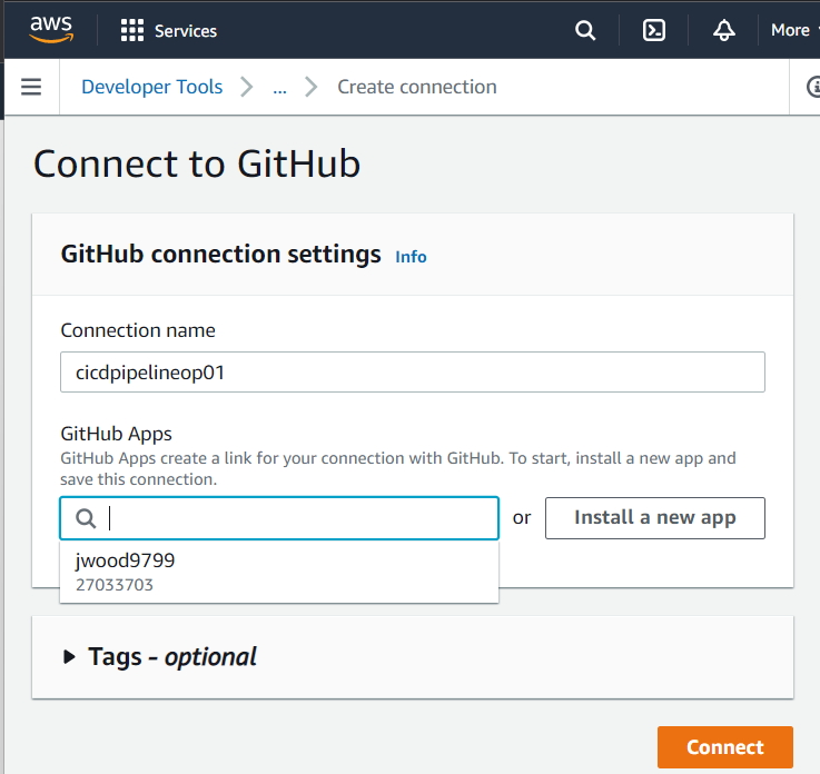 Selecting the GitHub account for the CI/CD pipeline