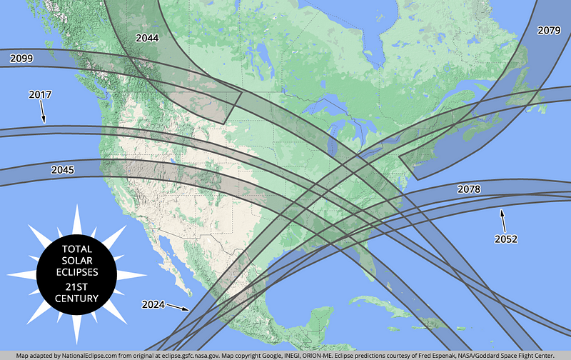 Map of upcoming solar eclipses in the USA