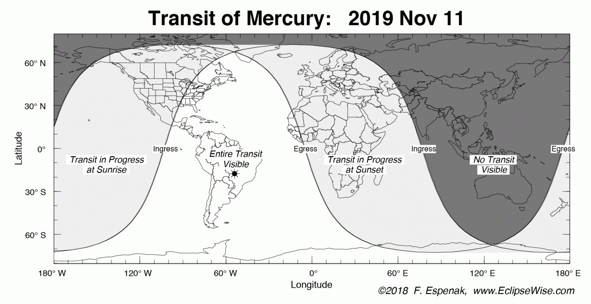 Map showing visibility of Mercury's transit