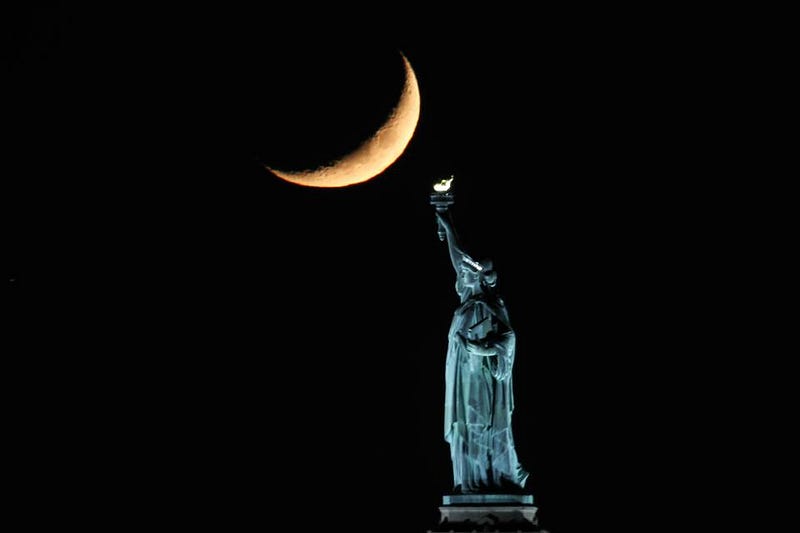 Crescent Moon Setting with the Statue of Liberty