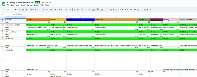 Excel Spreadsheet for Tracking Screen Time