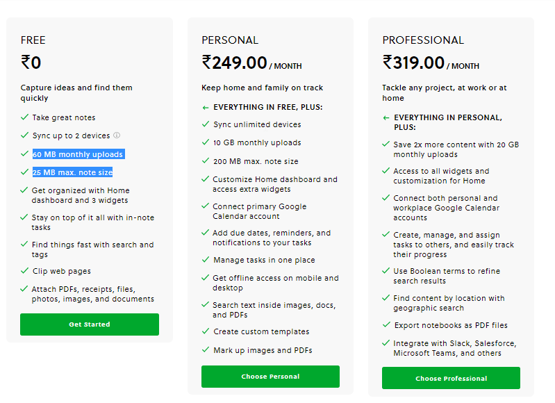 Screenshot of UpNote pricing options