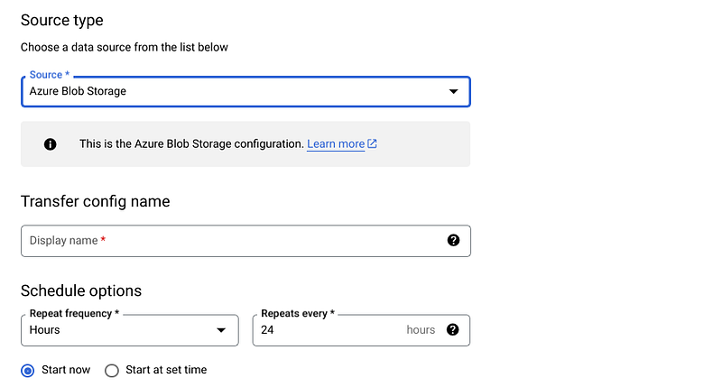 BigQuery user interface for data transfers