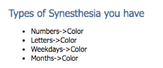 Test results showcasing synesthetic associations