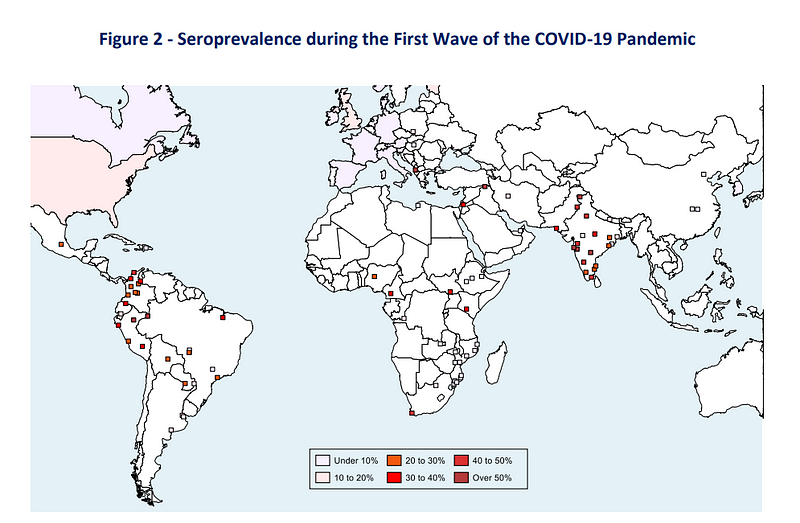 Map illustrating Covid-19 seroprevalence rates globally.