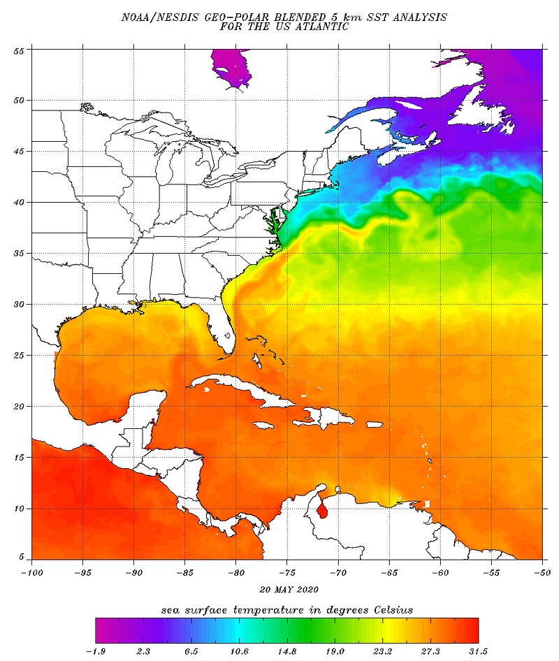 Sea surface temperatures conducive to hurricane formation