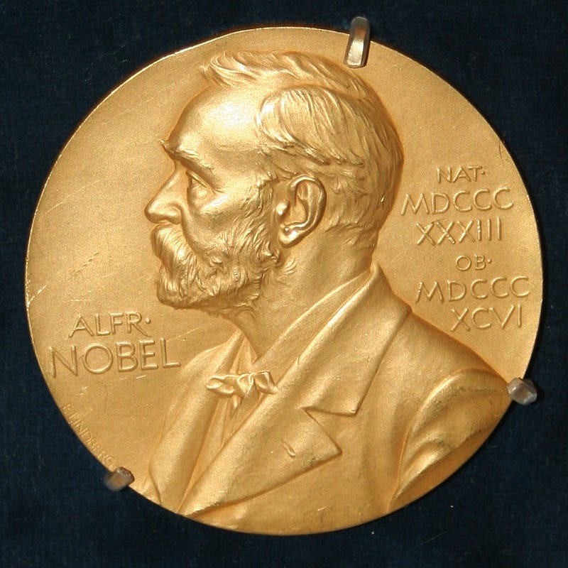 Front view of a Nobel Prize medal in Physiology or Medicine